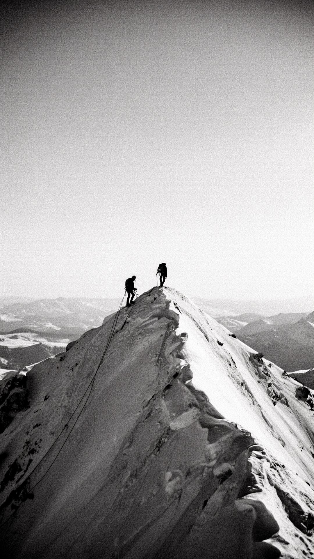 Two climbers on a snowy mountain ridge — scale reference