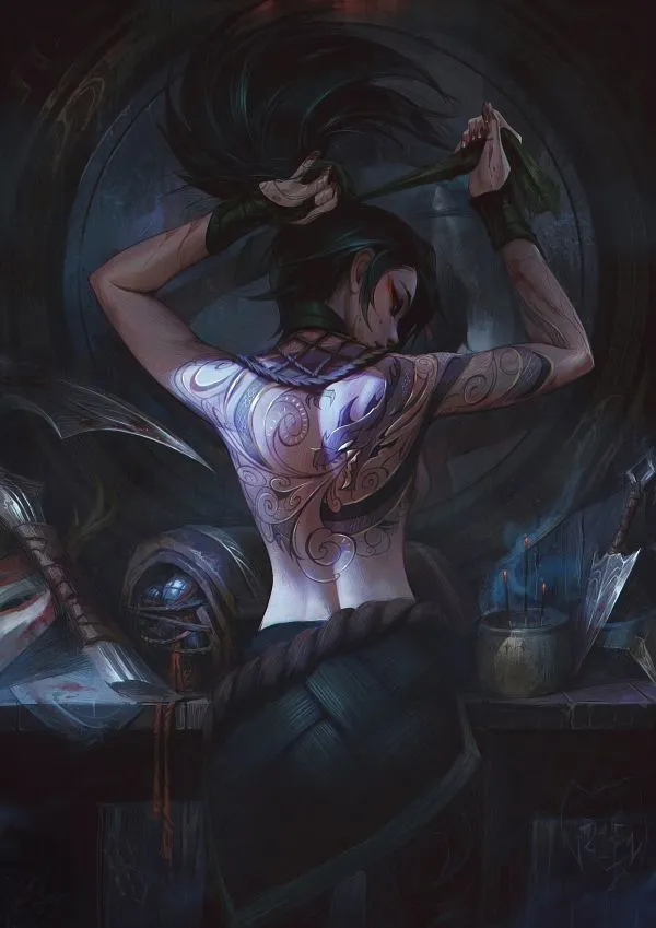 Akali tying her hair and preparing blades