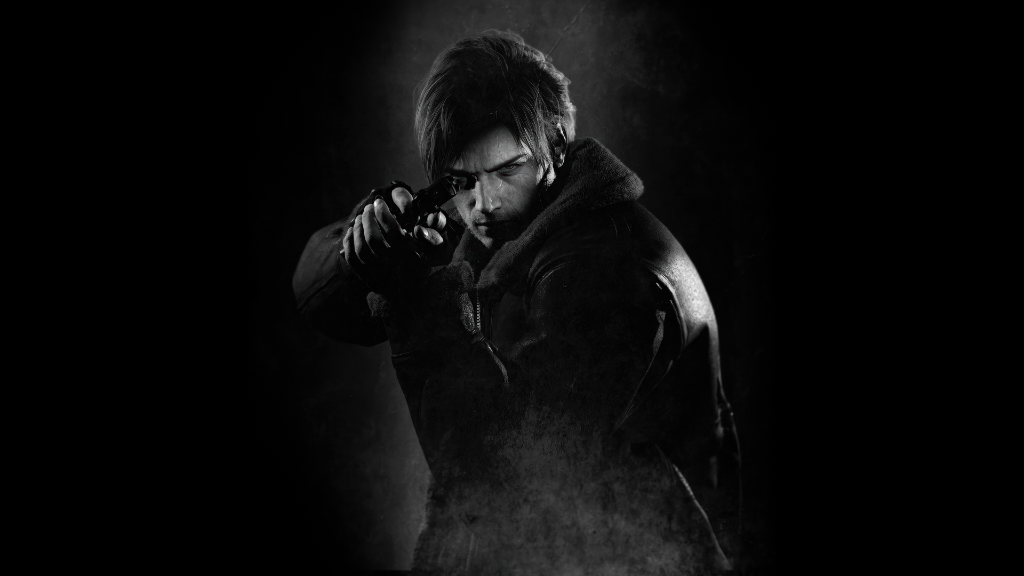 Leon S. Kennedy in action holding a weapon with orange fire reflecting behind him