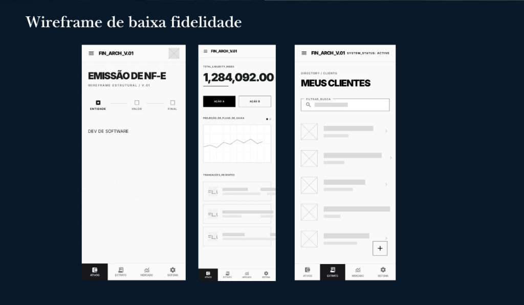 FreelaFin low-fidelity structural wireframes