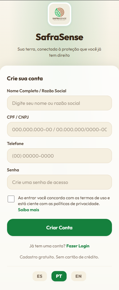 SafraSense registration screen